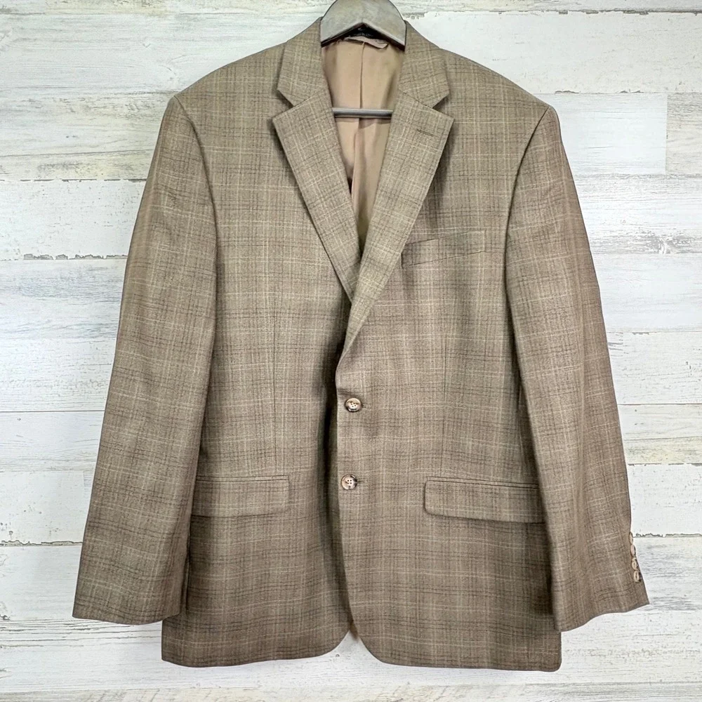LAUREN Ralph Lauren Men's 42R Beige‎ Plaid Silk Wool Blazer Sport Coat Jacket